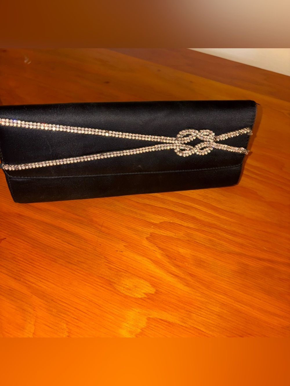 Aldo Black Satin Clutch with Rhinestone Knot Straps